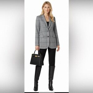 Vince Camuto Grey & Black Plaid Button Closure Lined Blazer Size 12